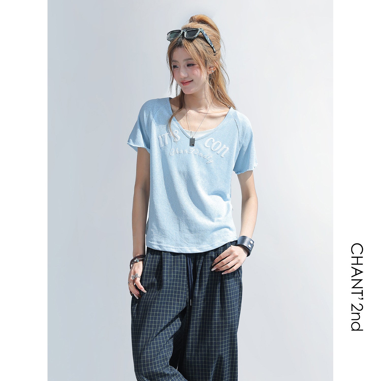 Letter Print V Neck Short Sleeve Top