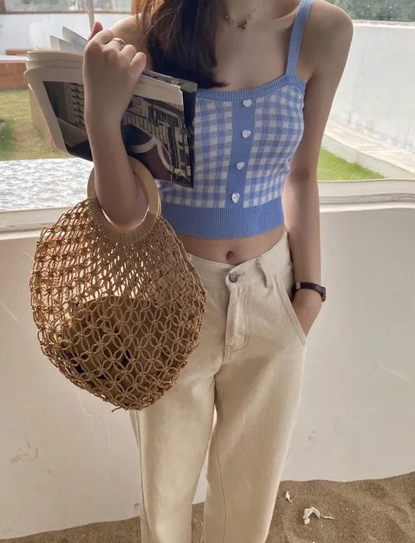 Blue Gingham Sleeveless Crop Top
