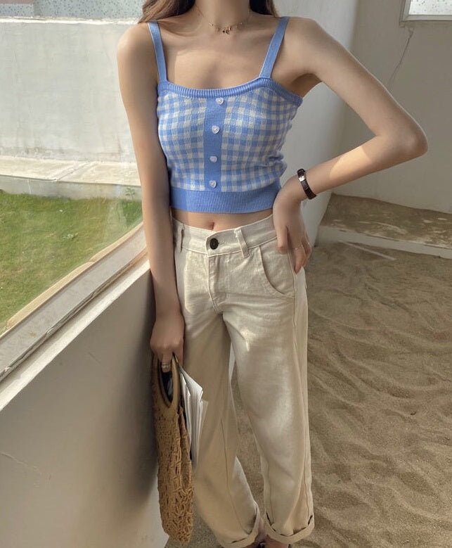 Blue Gingham Sleeveless Crop Top