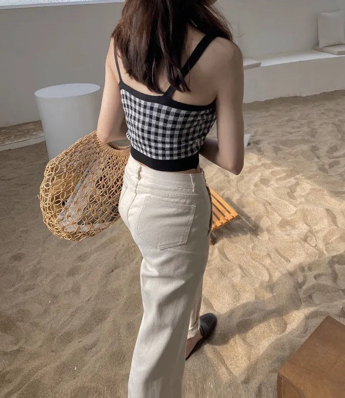 Blue Gingham Sleeveless Crop Top