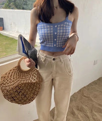 Blue Gingham Sleeveless Crop Top