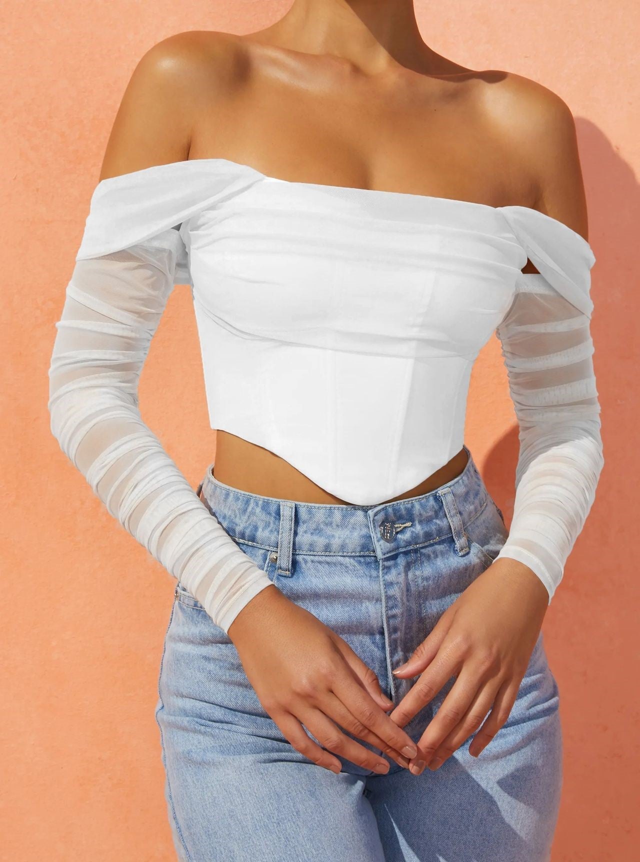 White Mesh Sleeve Corset Top