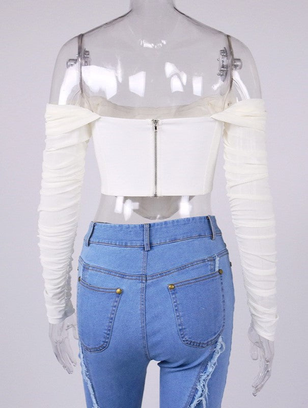 White Mesh Sleeve Corset Top
