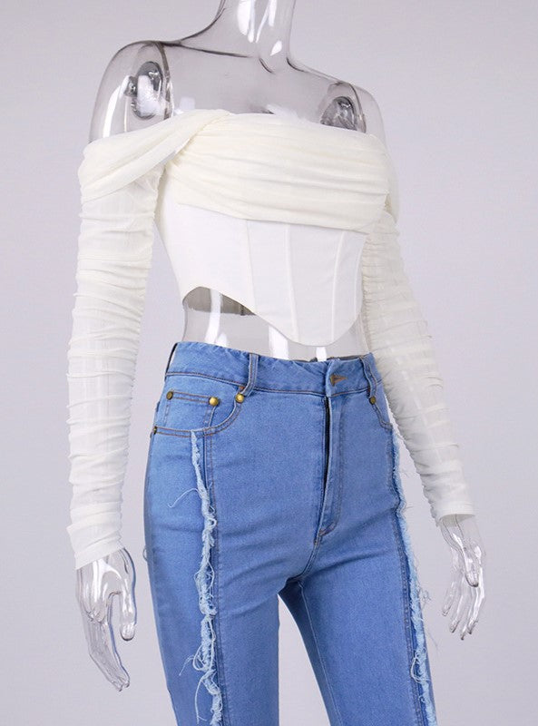 White Mesh Sleeve Corset Top