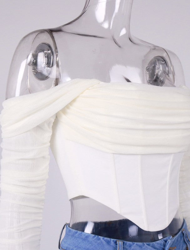 White Mesh Sleeve Corset Top