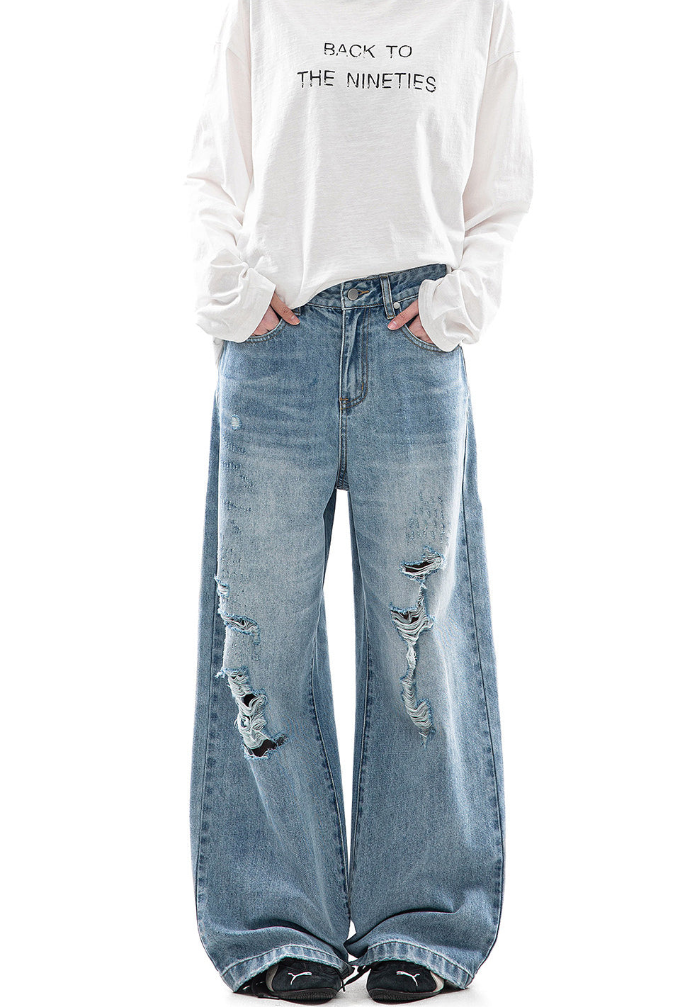 Light Blue Distressed Wide Leg Jeans