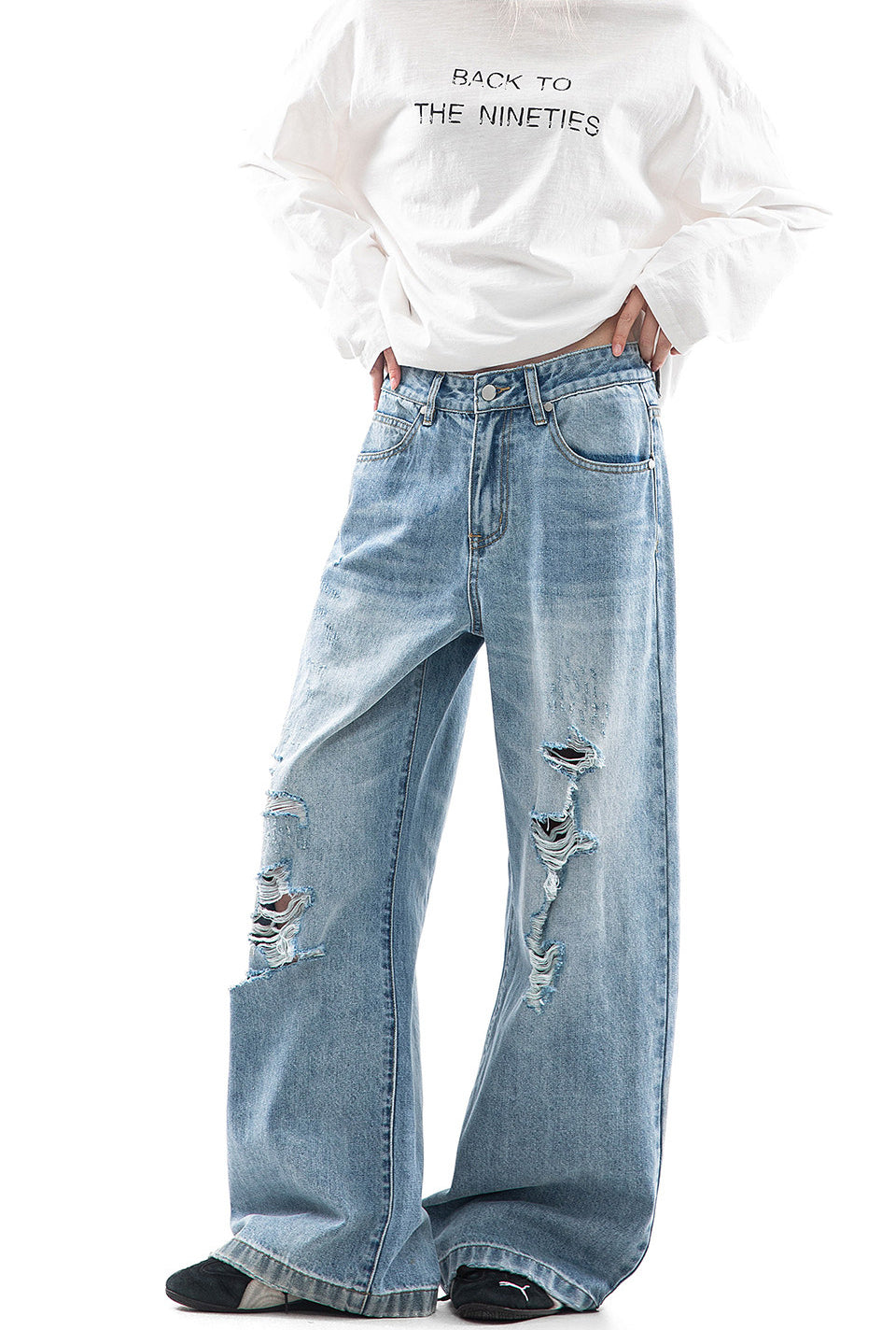 Light Blue Distressed Wide Leg Jeans
