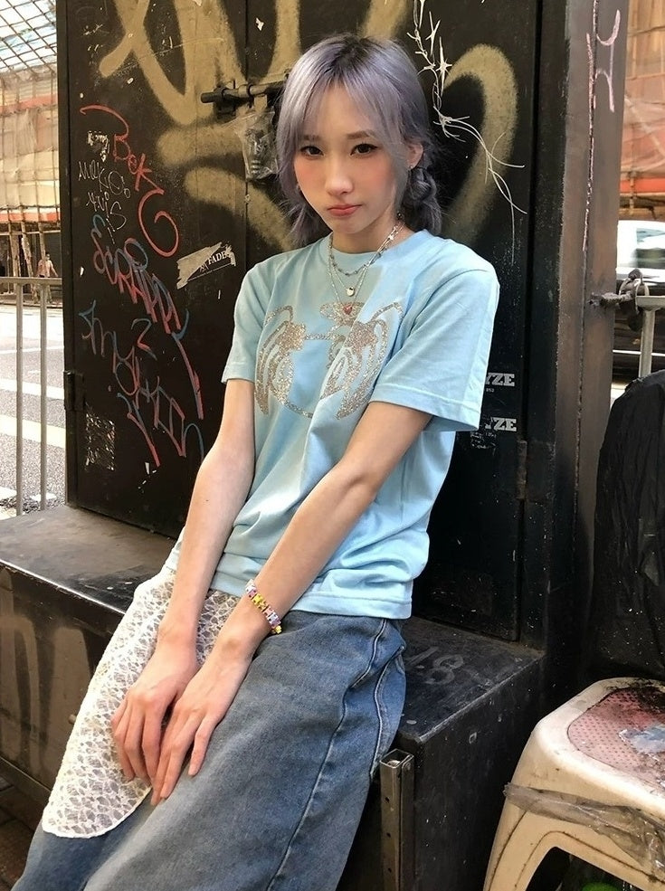 Light Blue Glitter Graphic T-Shirt