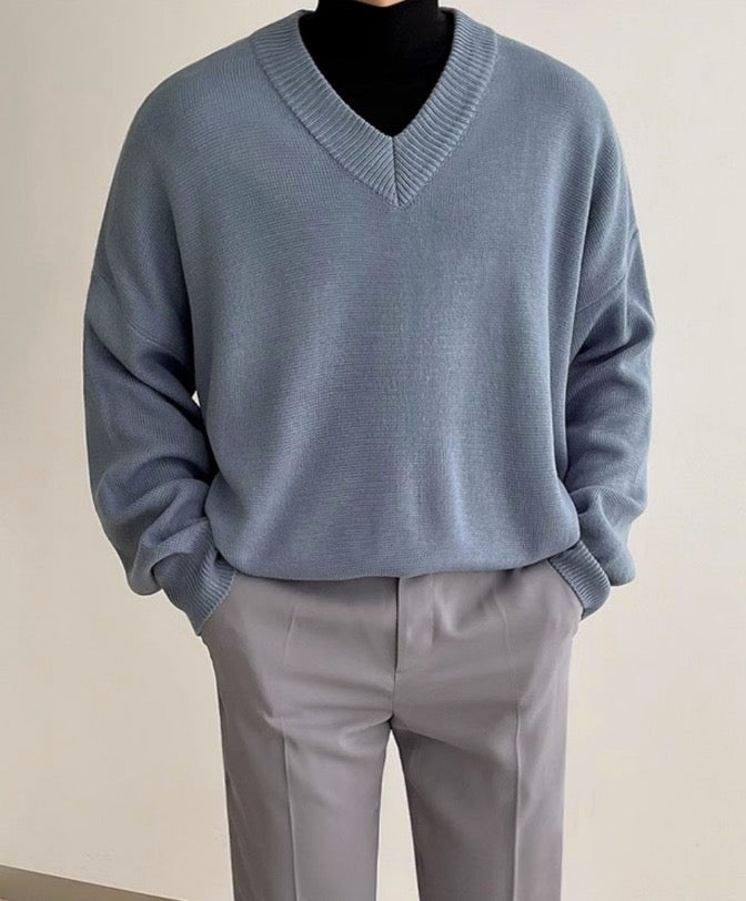 Light Blue Knit V-Neck Sweater