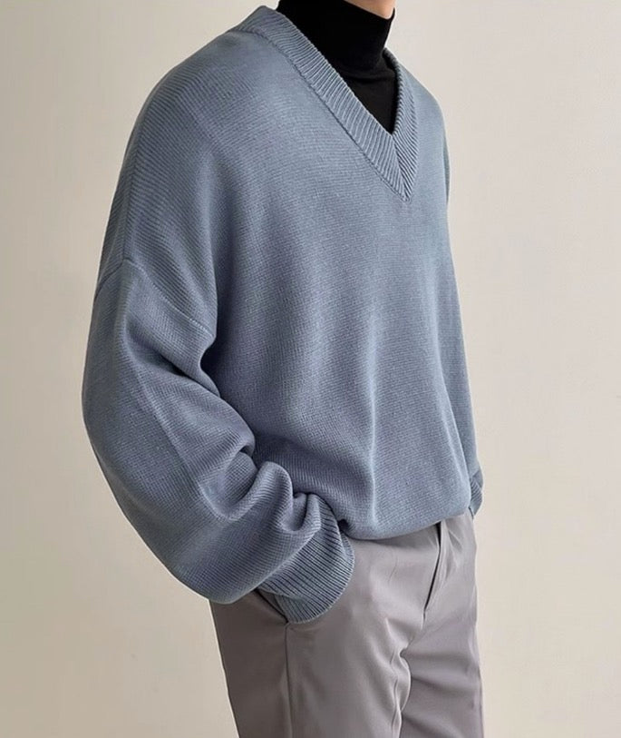 Light Blue Knit V-Neck Sweater