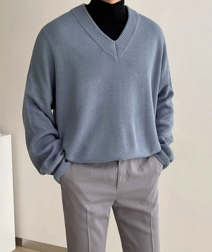 Light Blue Knit V-Neck Sweater