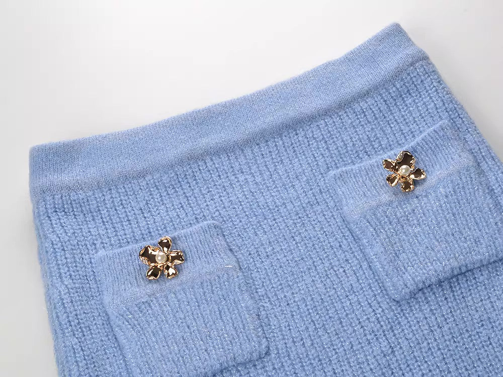 Light Blue Knitted Flower Buttons Skirt