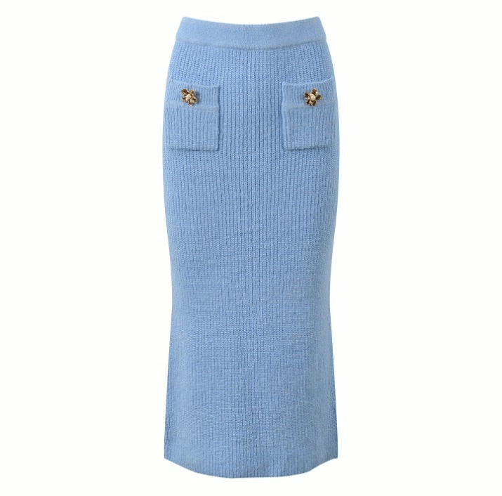 Light Blue Knitted Flower Buttons Skirt