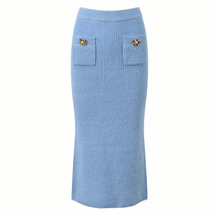 Light Blue Knitted Flower Buttons Skirt