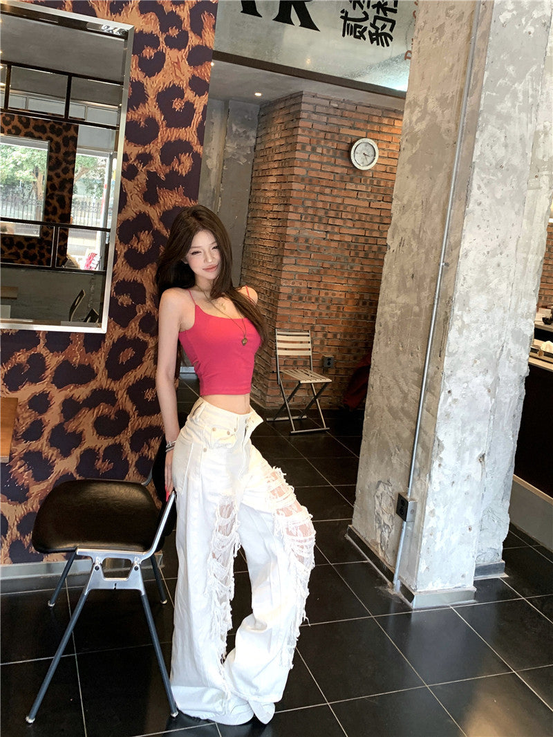 White Lace Layer Ripped Jeans