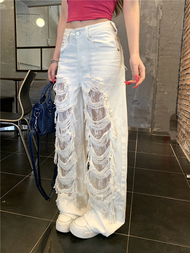 White Lace Layer Ripped Jeans