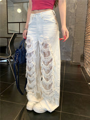 White Lace Layer Ripped Jeans