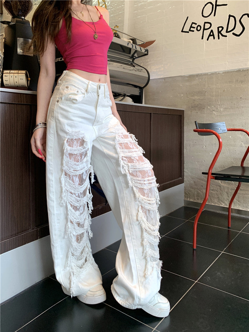 White Lace Layer Ripped Jeans