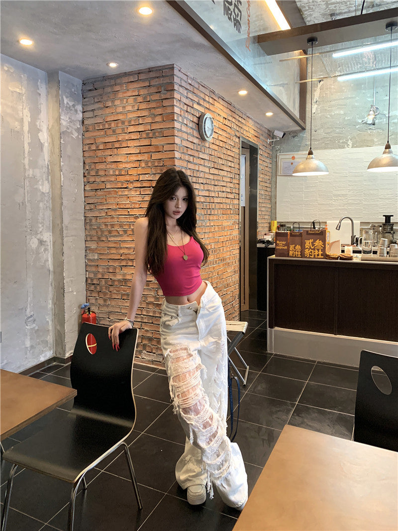 White Lace Layer Ripped Jeans