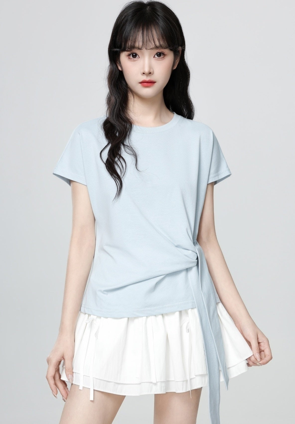 Light Blue Short Sleeve Irregular Tie T Shirt