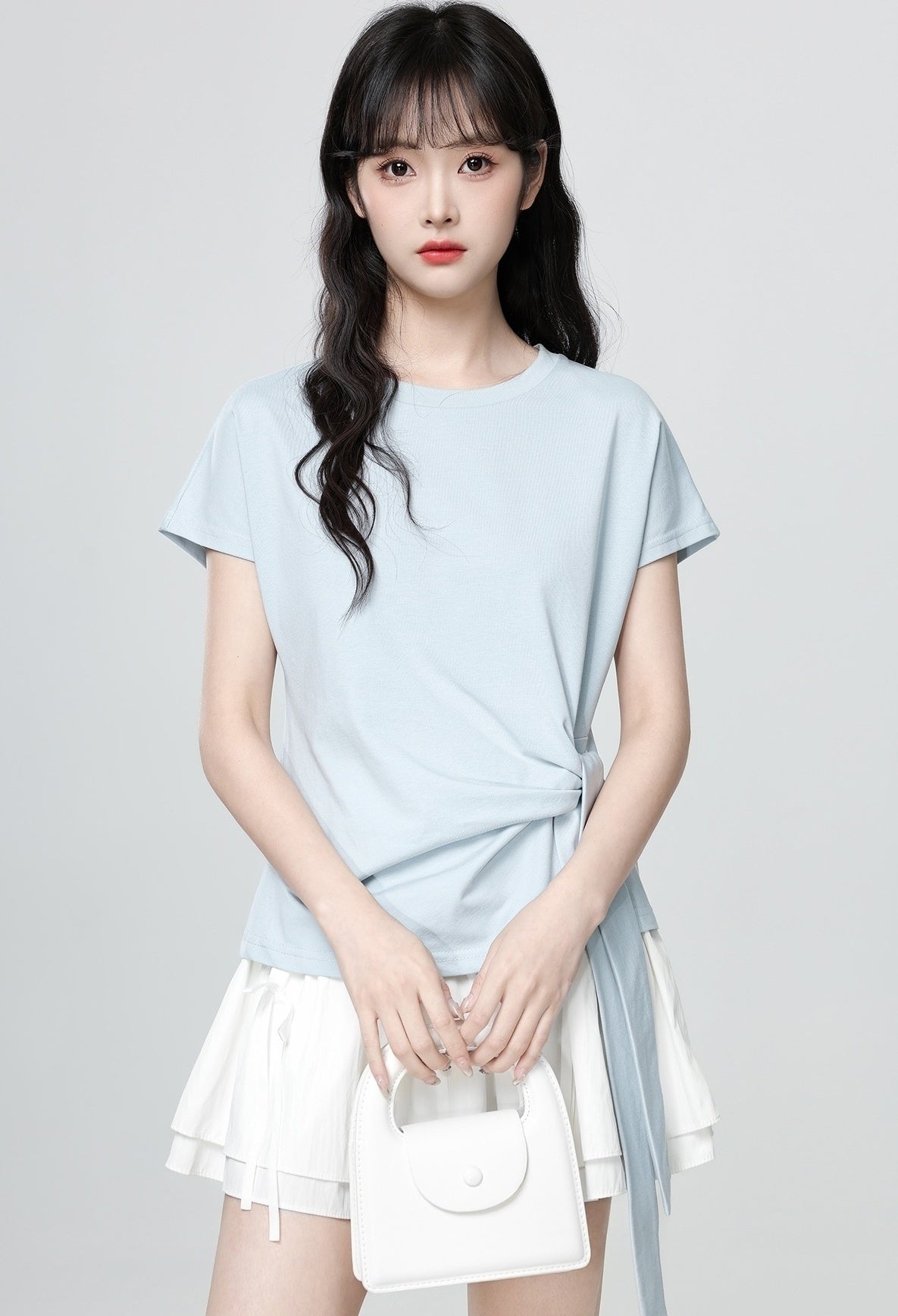 Light Blue Short Sleeve Irregular Tie T Shirt