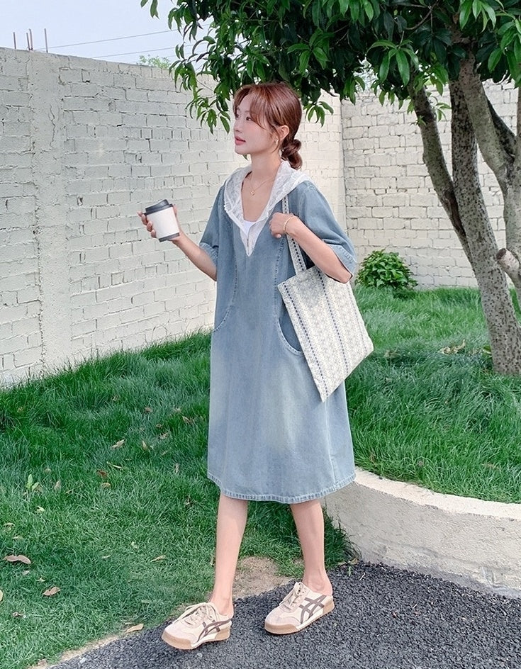 Light Blue Vintage Lace Hooded Denim Dress Summer Collection