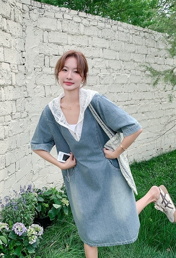 Light Blue Vintage Lace Hooded Denim Dress Summer Collection