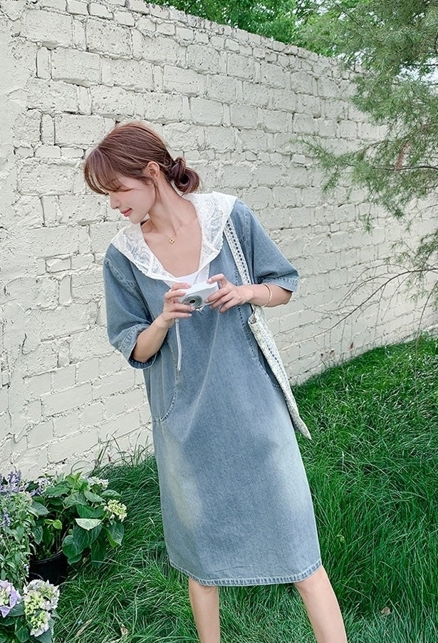 Light Blue Vintage Lace Hooded Denim Dress Summer Collection