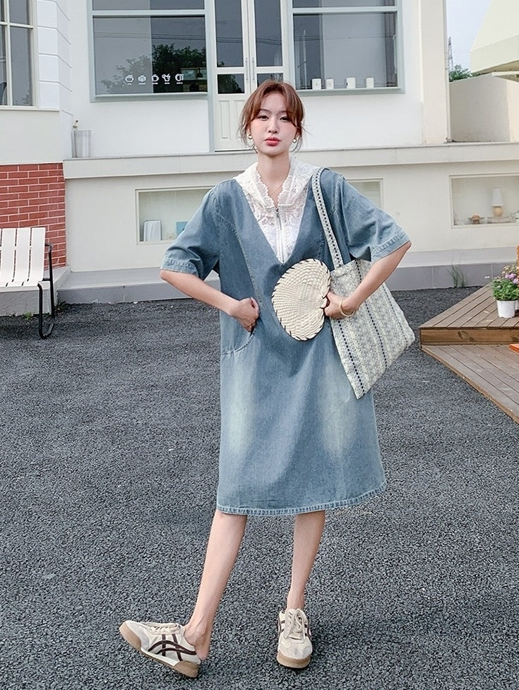 Light Blue Vintage Lace Hooded Denim Dress Summer Collection