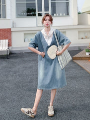 Light Blue Vintage Lace Hooded Denim Dress Summer Collection