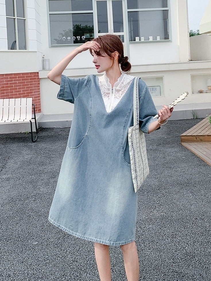 Light Blue Vintage Lace Hooded Denim Dress Summer Collection