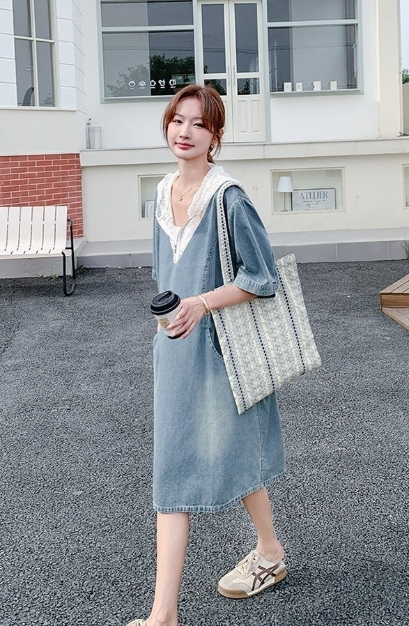 Light Blue Vintage Lace Hooded Denim Dress Summer Collection