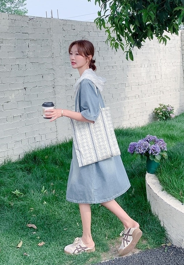 Light Blue Vintage Lace Hooded Denim Dress Summer Collection