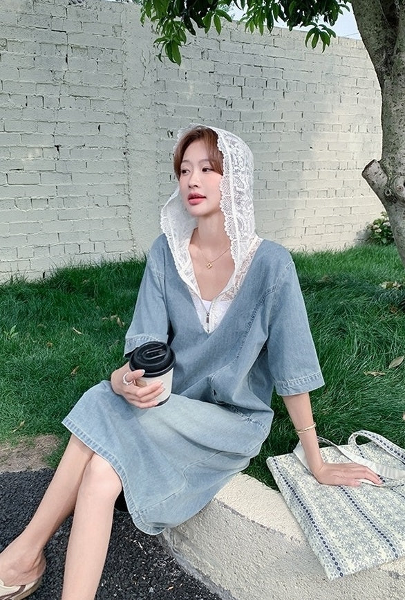 Light Blue Vintage Lace Hooded Denim Dress Summer Collection