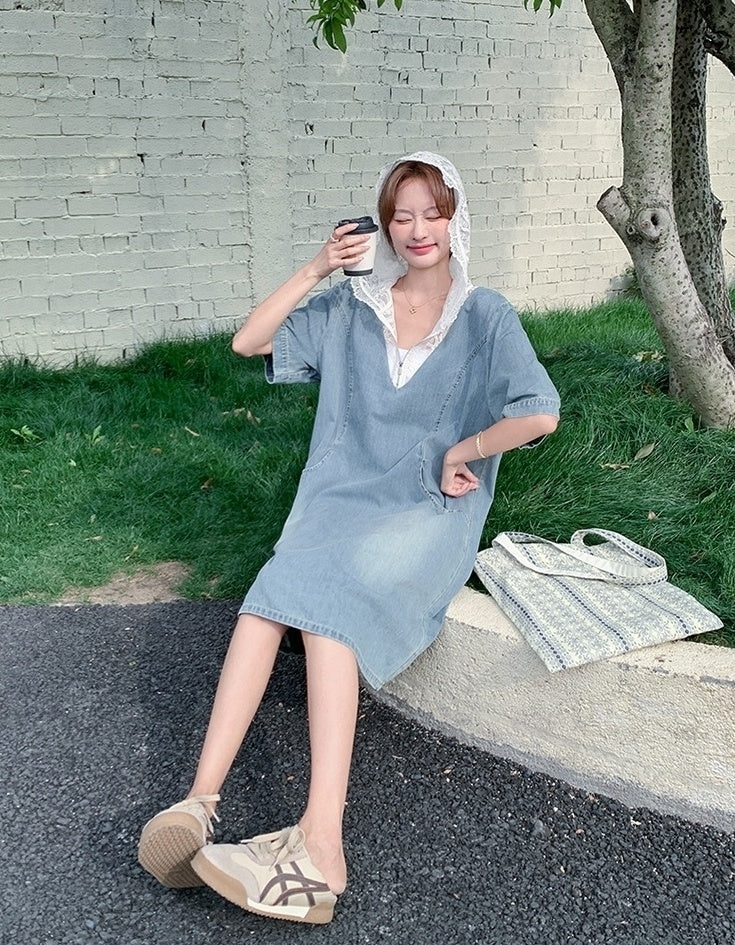 Light Blue Vintage Lace Hooded Denim Dress Summer Collection