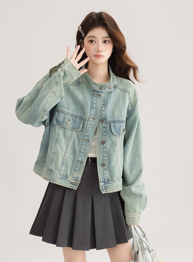 Light Denim Jacket With Stand Collar