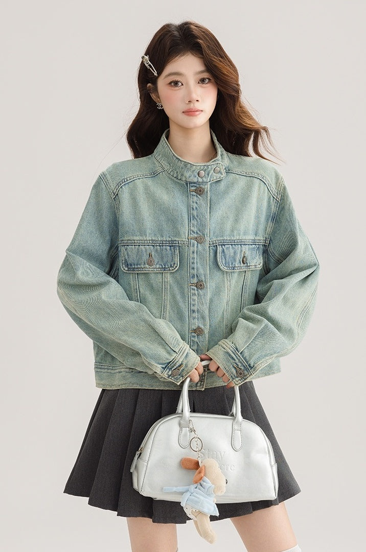 Light Denim Jacket With Stand Collar