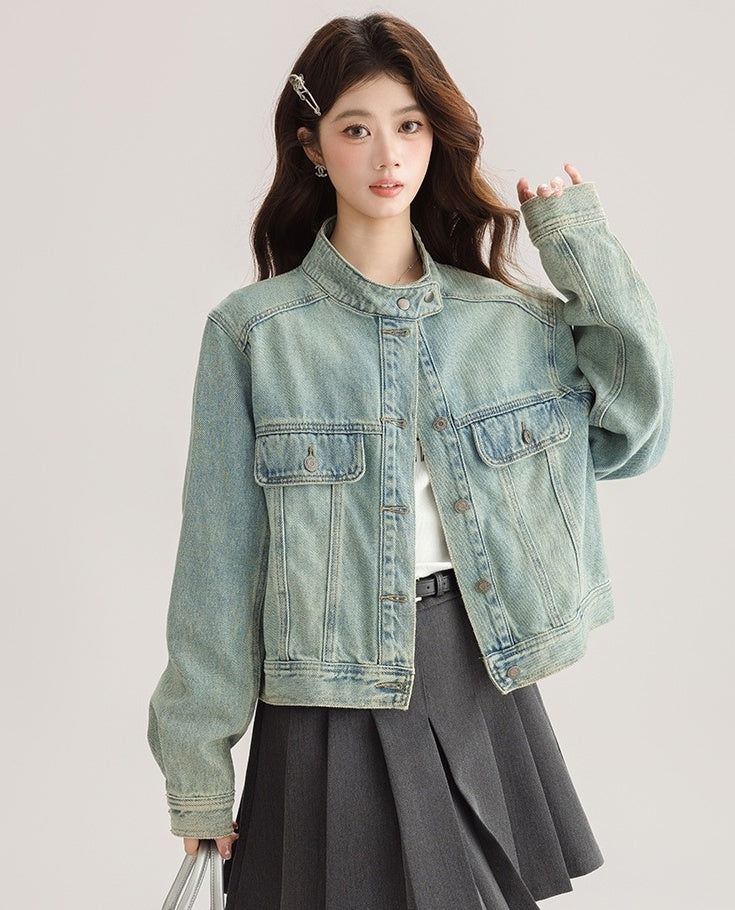 Light Denim Jacket With Stand Collar