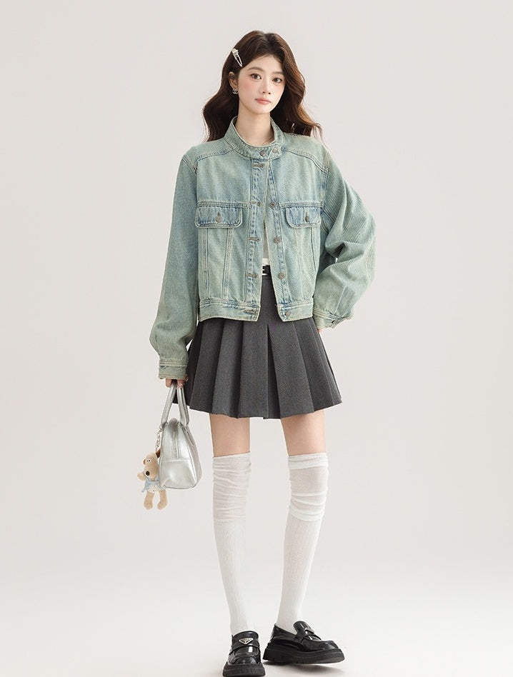 Light Denim Jacket With Stand Collar