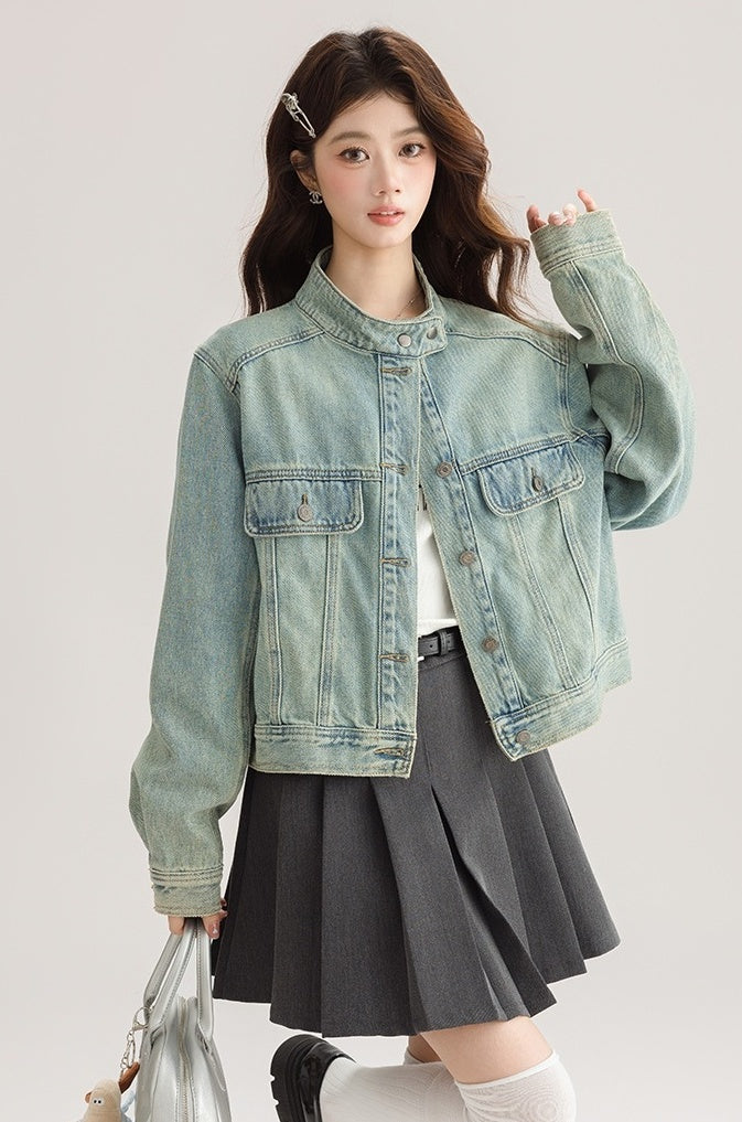 Light Denim Jacket With Stand Collar