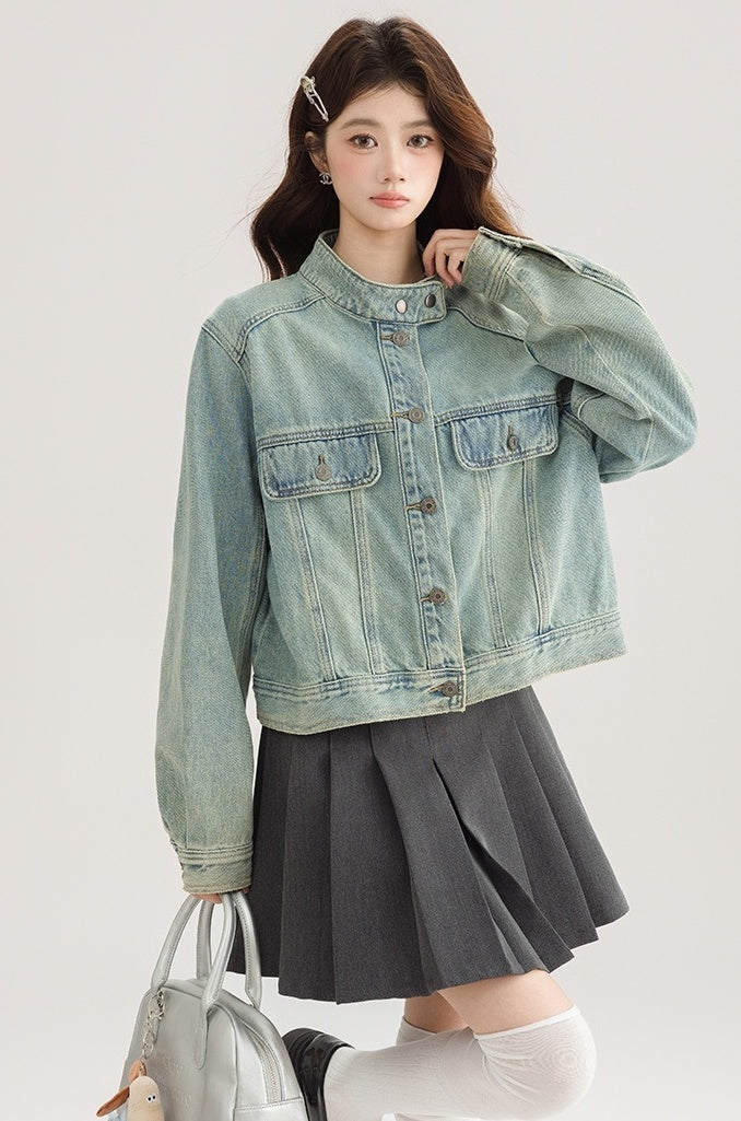 Light Denim Jacket With Stand Collar