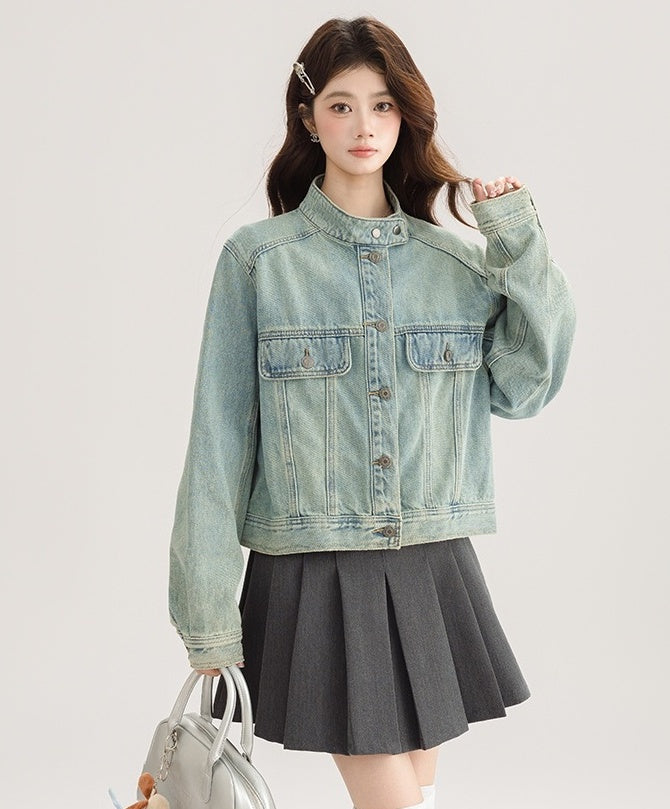 Light Denim Jacket With Stand Collar