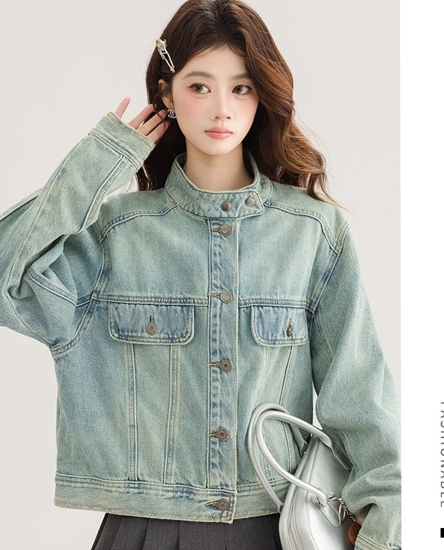 Light Denim Jacket With Stand Collar
