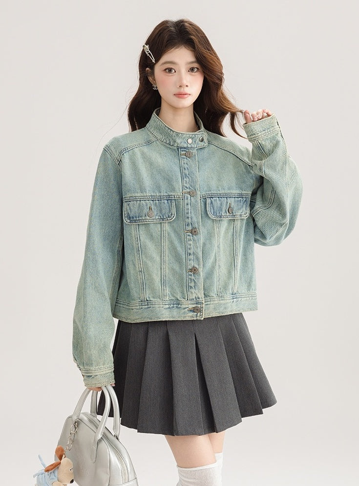 Light Denim Jacket With Stand Collar