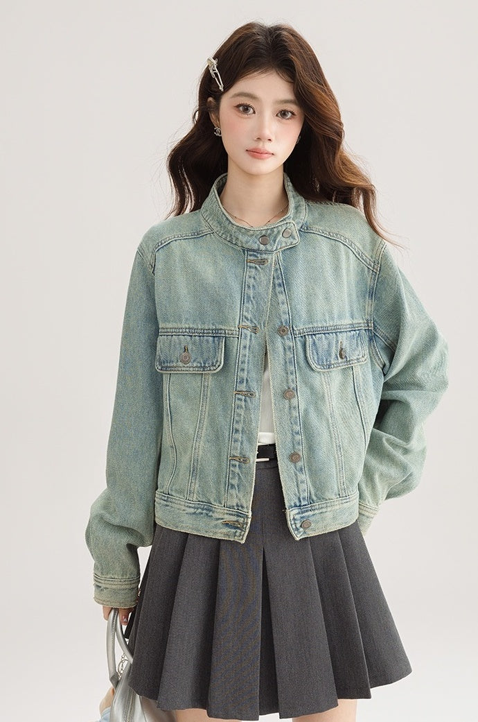 Light Denim Jacket With Stand Collar