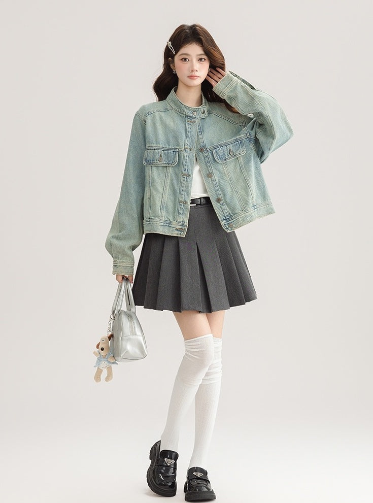 Light Denim Jacket With Stand Collar