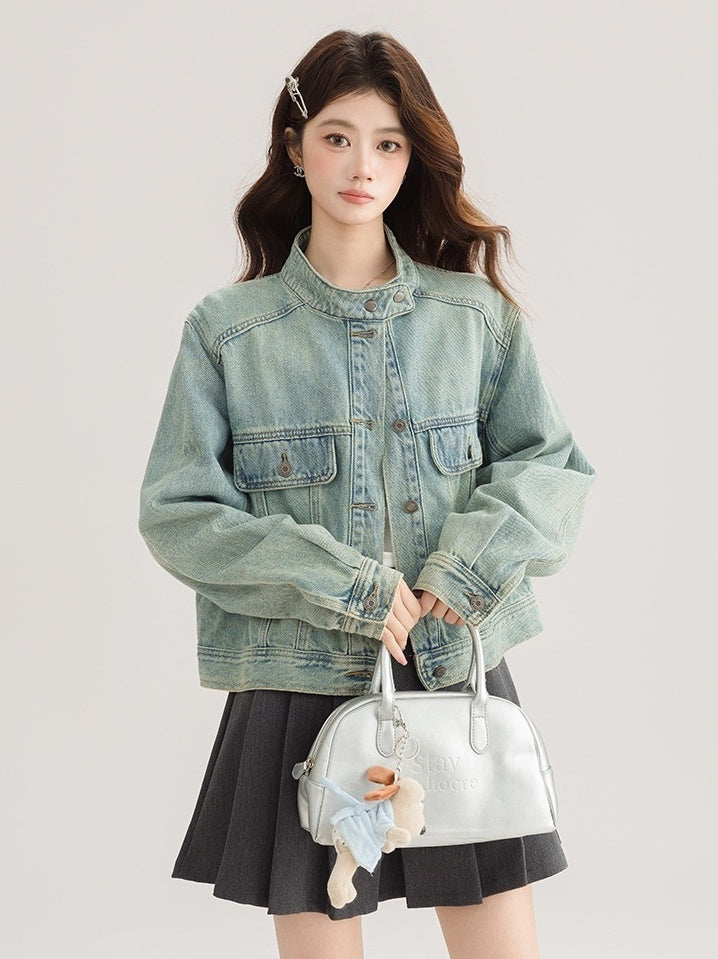 Light Denim Jacket With Stand Collar