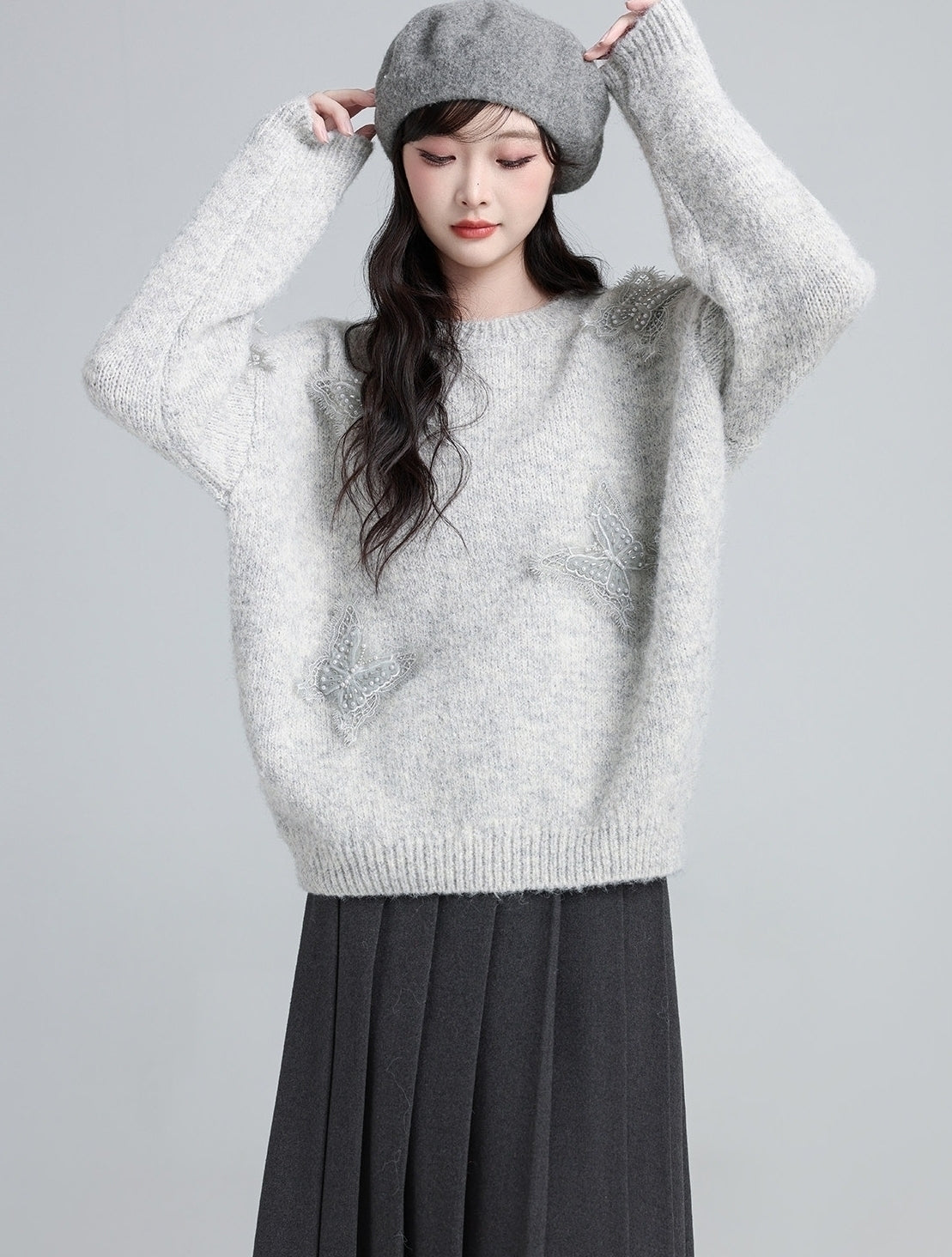 Light Gray Crewneck Butterfly Sweater