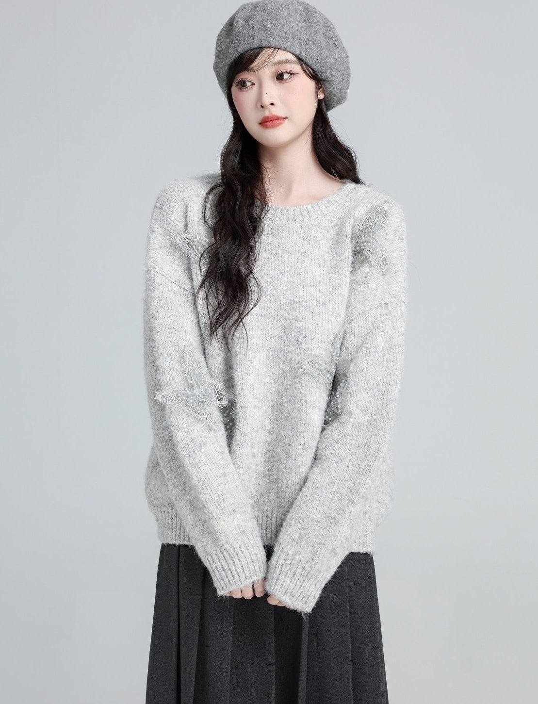 Light Gray Crewneck Butterfly Sweater