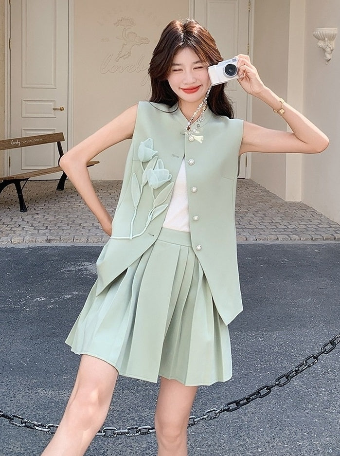 Light Green Floral Pleated Vest Skirt Set